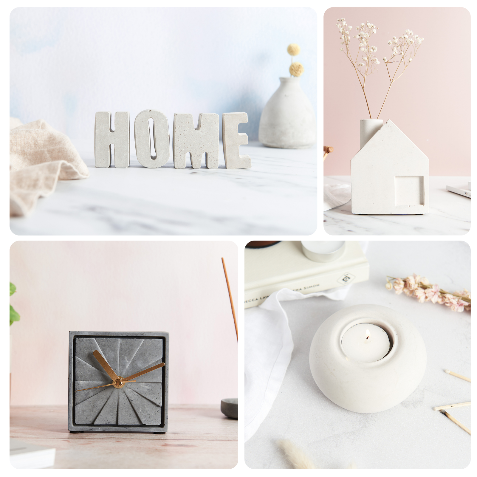 Collage of home decor items including a clock, vase, and candle.
