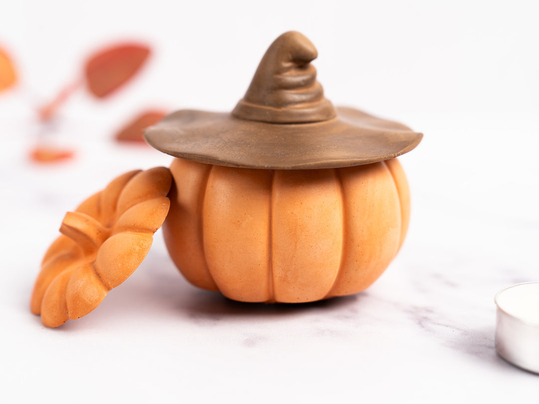 Concrete Pumpkin with Lid and Witch Hat