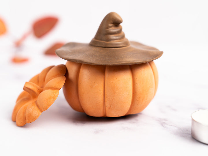 Concrete Pumpkin with Lid and Witch Hat