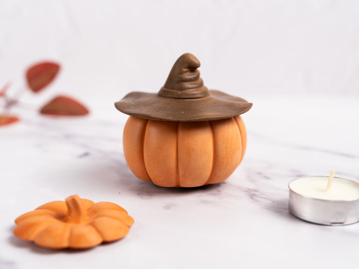 Concrete Pumpkin with Lid and Witch Hat