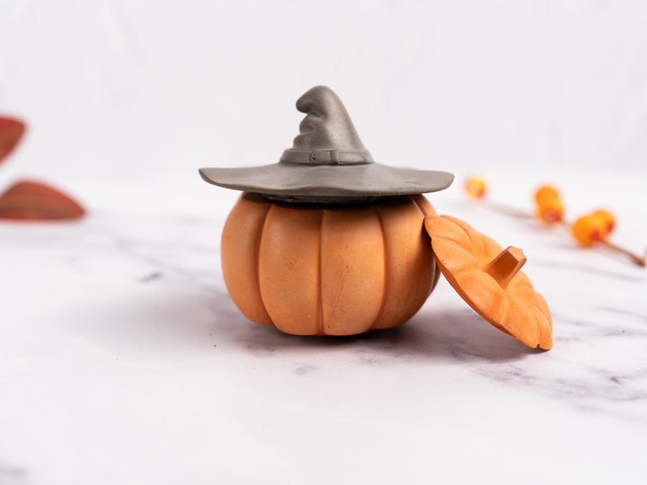 Concrete Pumpkin with Lid and Witch Hat