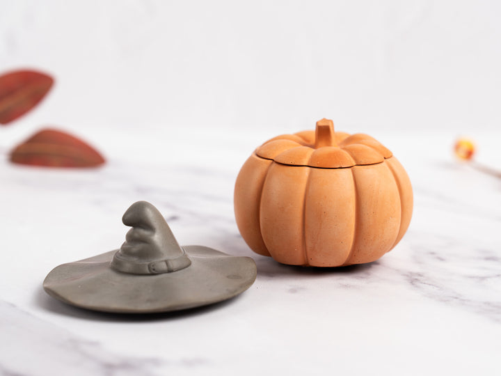 Concrete Pumpkin with Lid and Witch Hat