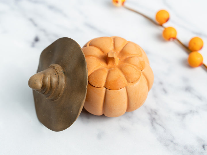 Concrete Pumpkin with Lid and Witch Hat