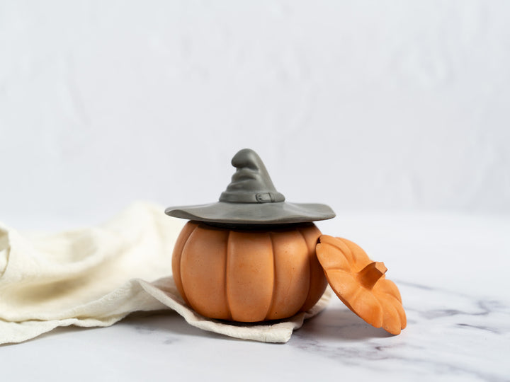 Concrete Pumpkin with Lid and Witch Hat
