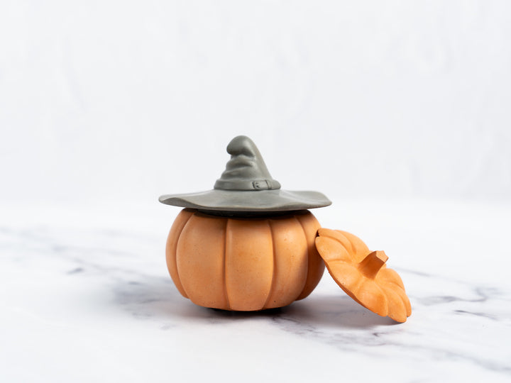 Concrete Pumpkin with Lid and Witch Hat