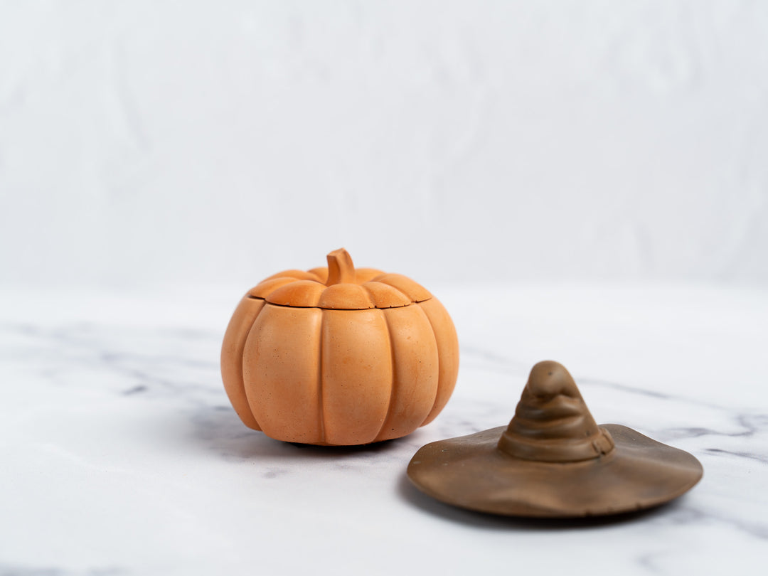 Concrete Pumpkin with Lid and Witch Hat
