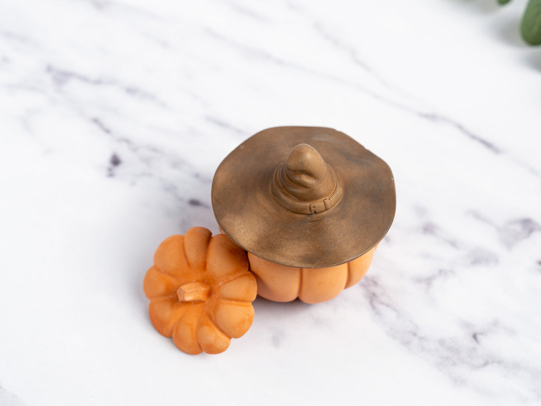 Concrete Pumpkin with Lid and Witch Hat