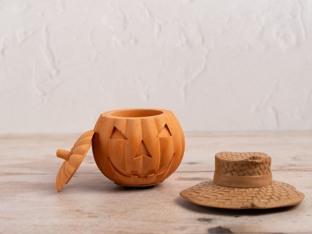 Concrete Jack O Lantern Pumpkin with Straw Hat