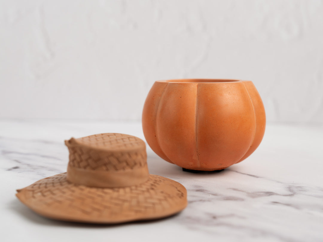 Concrete Pear Shaped Pumpkin with Straw Hat