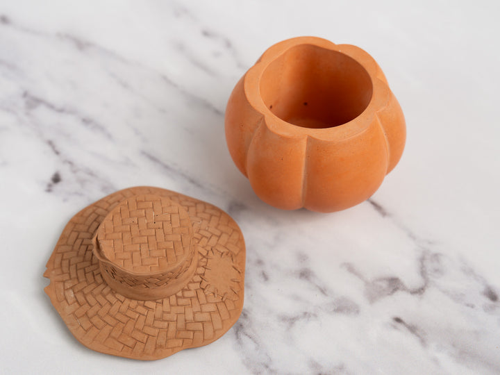 Concrete Pear Shaped Pumpkin with Straw Hat
