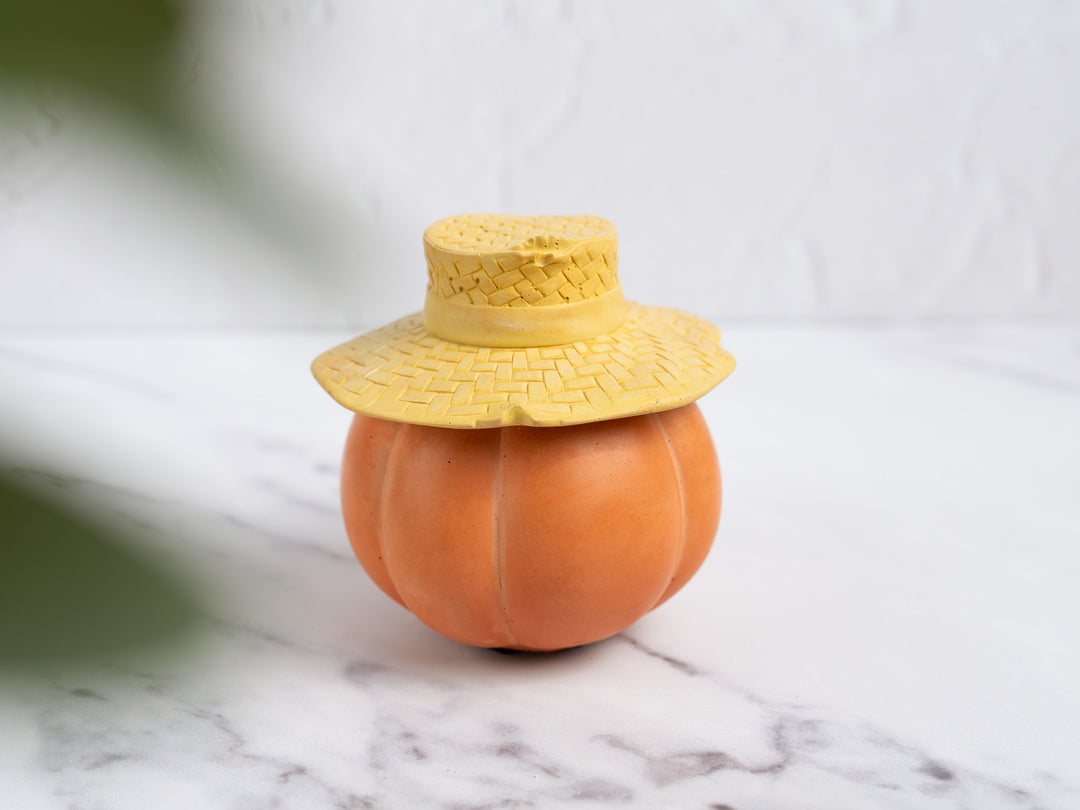 Concrete Pear Shaped Pumpkin with Straw Hat