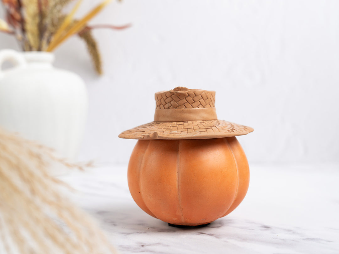 Concrete Pear Shaped Pumpkin with Straw Hat